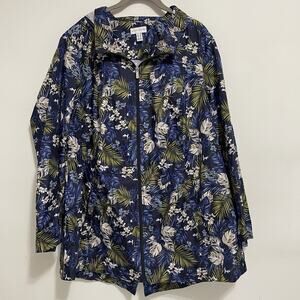 Susan Graver Packable Raincoat Womens 1X Blue Floral Hooded Windbreaker New